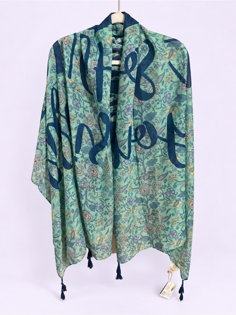 Laura Janelle Mantra, Teal Floral Peacock Scarf with Navy Script NWT 🎁